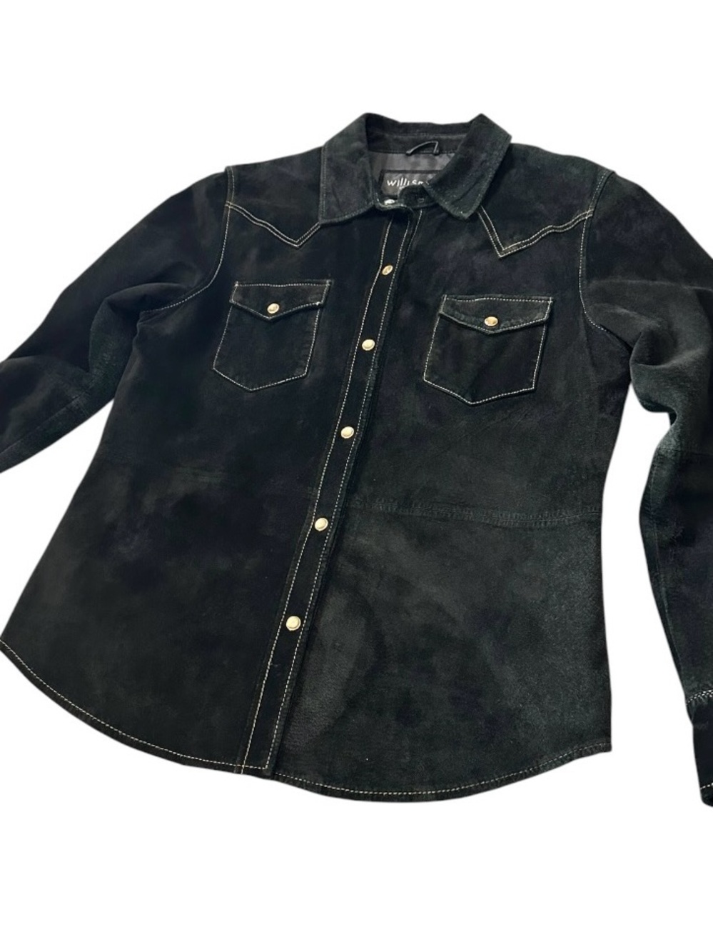Vintage Willi Smith Black Distressed Leather Western Pearl Snap Cowgirl Shirt M - Picture 3 of 12